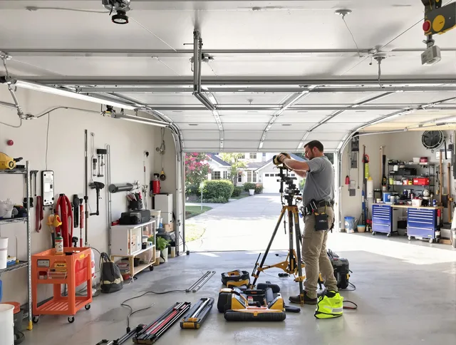 Lakewood Garage Door Repair specialist performing laser-guided track alignment in Lakewood